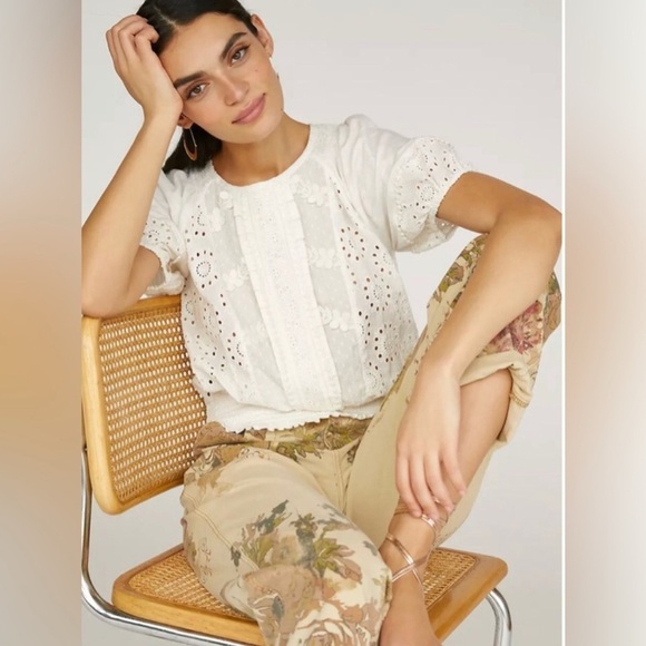 Porridge White Eyelet Embroidery Anglaise Smocked Boho Coastal Back-Tie Top M - Picture 1 of 16